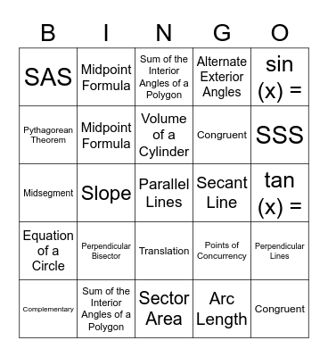 LHS Geometry Review Bingo Card