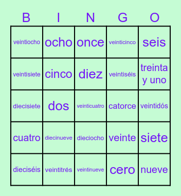 Números (español) Bingo Card