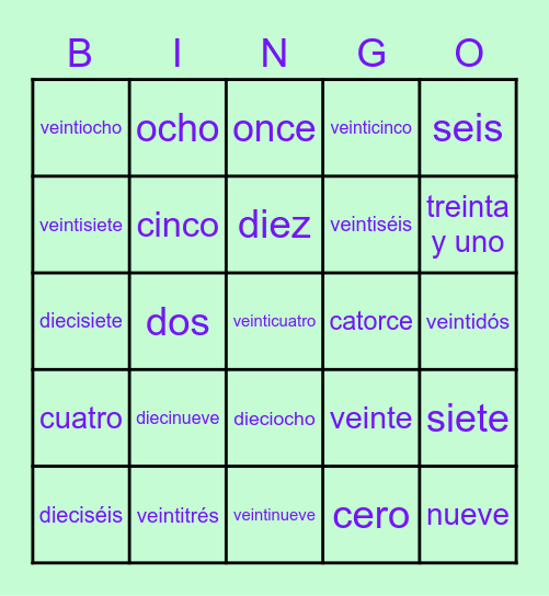Números (español) Bingo Card