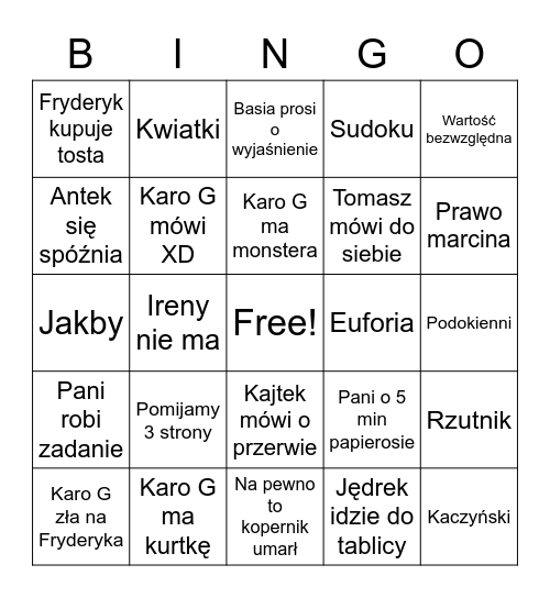 Lekcja matematyki Bingo Card