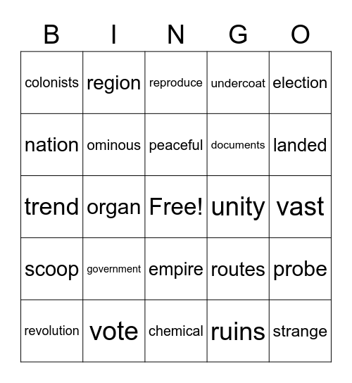 Vocabulary Bingo Card