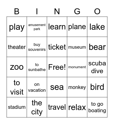 On Vacation Bingo Card