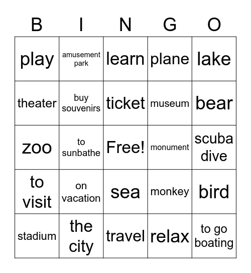 On Vacation Bingo Card