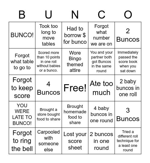 Bunco Bingo Card