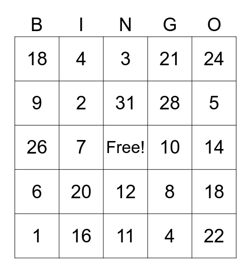 Math, numbers for division Bingo Card