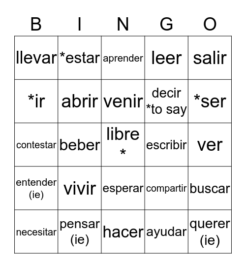Spanish Bingo Card