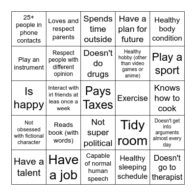 Normal Human Bingo Card