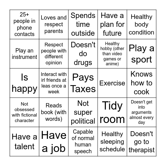 Normal Human Bingo Card