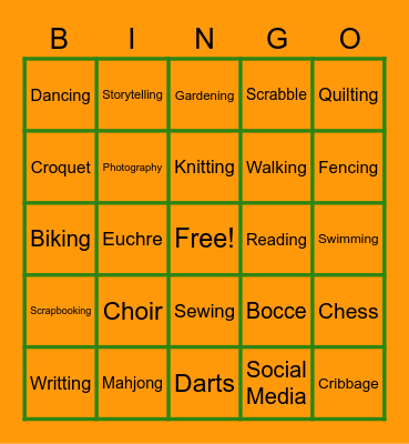 Leisure Activities Bingo Card