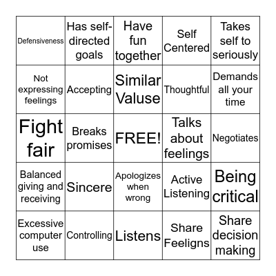 Healthy Relationship Bingo Card