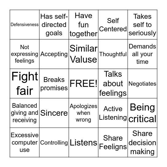 Healthy Relationship Bingo Card