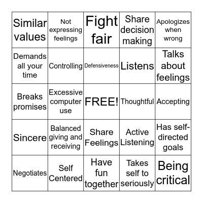 Healthy Relationships Bingo Card