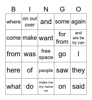 SIPPS SIGHT WORDS Bingo Card