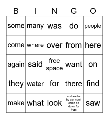 SIPPS SIGHT WORDS Bingo Card