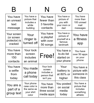 Cell phone bingo Card