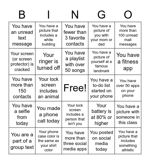 Cell phone bingo Card