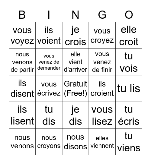 Les Verbes Irréguliers (Ch. 8/9: French 102) Bingo Card