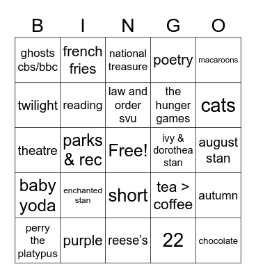 Gillian Bingo Card