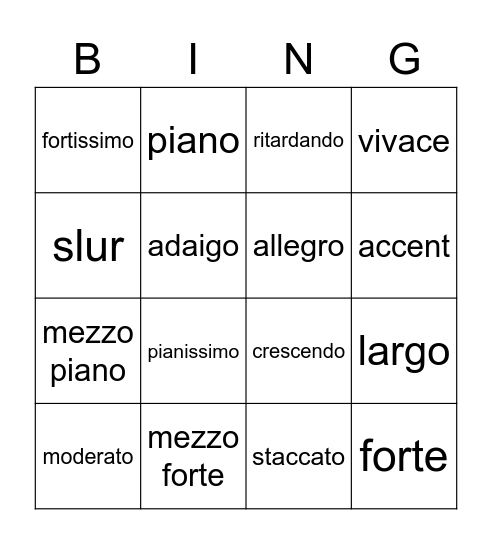 Music Vocab Bingo Card