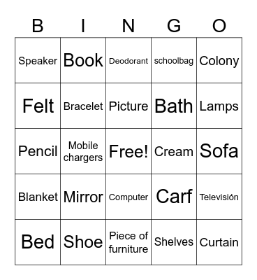 Objects in your room Bingo Card