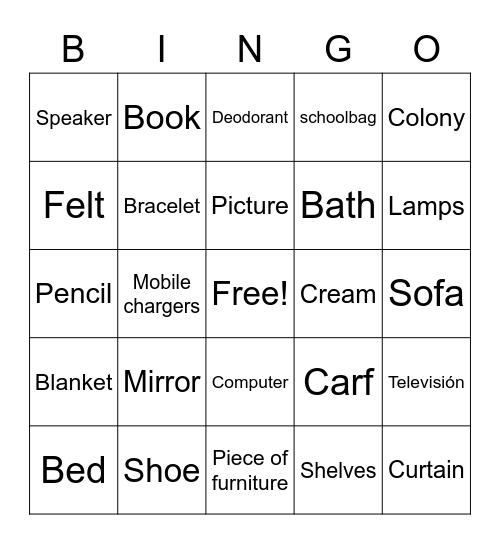 Objects in your room Bingo Card