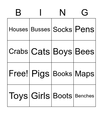 Plurals Bingo Card