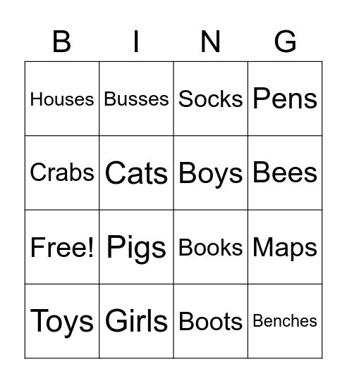 Plurals Bingo Card