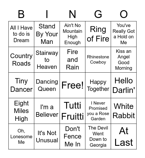 Name That Tune Bingo Card