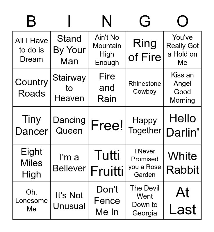 Name That Tune Bingo Card