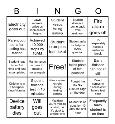 Standardized Testing Bingo Card