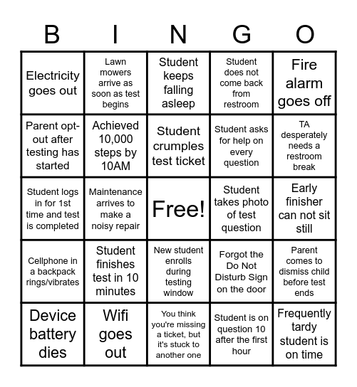 Standardized Testing Bingo Card