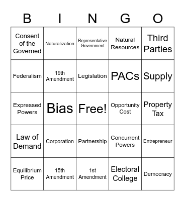 Civics Vocab Bingo Card