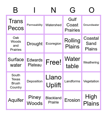 Texas Ecoregions BINGO Card