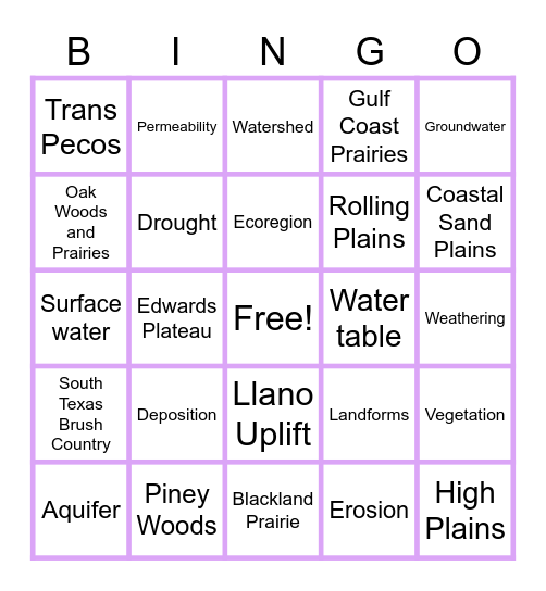 Texas Ecoregions BINGO Card