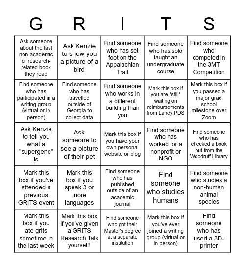 GRITS Bingo! Collect initials from your fellow attendees who match these descriptions Bingo Card