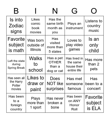 Middle School Bingo Card