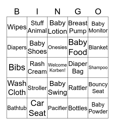 KORBEN'S BABY BINGO Card