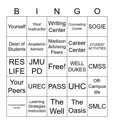 JMU Campus Resource Bingo Card