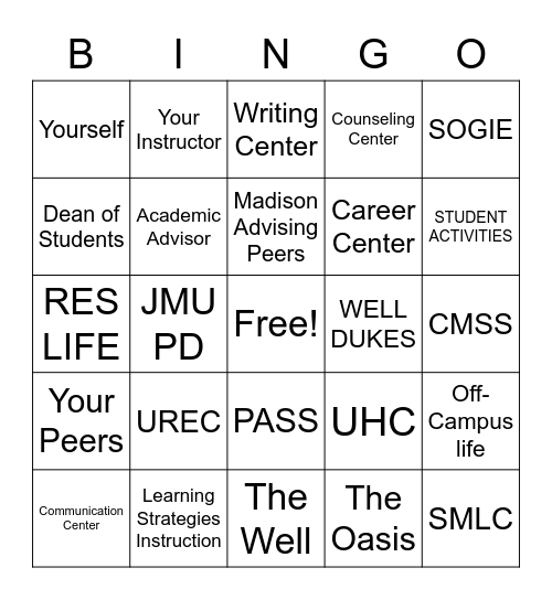 JMU Campus Resource Bingo Card