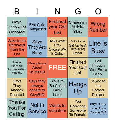 GiveBIG 2022 Phonebank BINGO Card