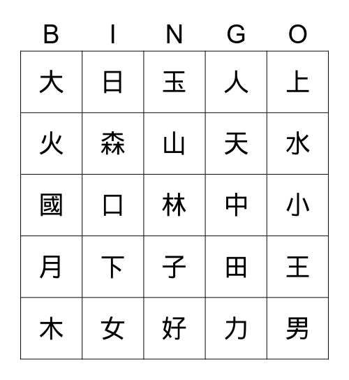 Chinese characters Bingo Card