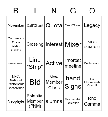 Greek Lingo Bingo Card