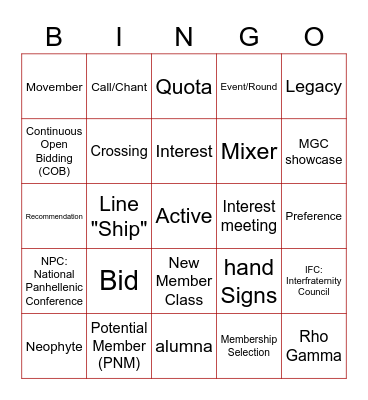 Greek Lingo Bingo Card