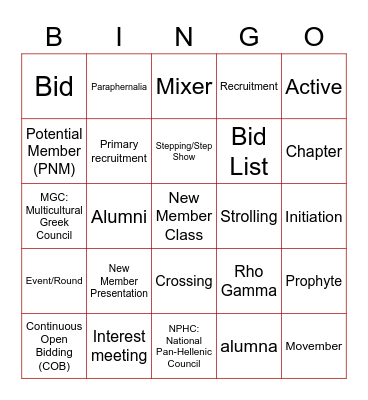 Greek Lingo Bingo Card