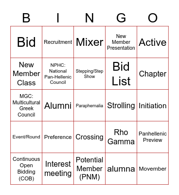 Greek Lingo Bingo Card