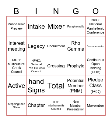 Greek Lingo Bingo Card