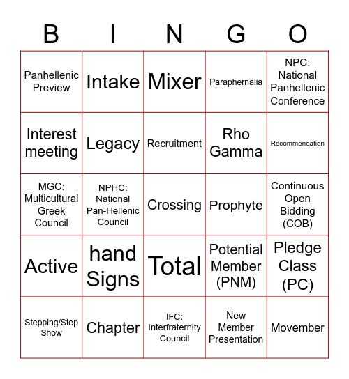 Greek Lingo Bingo Card