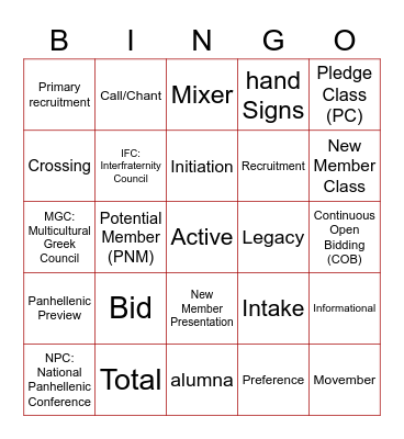 Greek Lingo Bingo Card