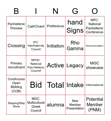 Greek Lingo Bingo Card