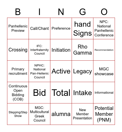 Greek Lingo Bingo Card